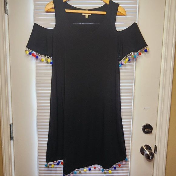 Cupio Cold Shoulder Dress | Multicolored Pompom Decoration - Picture 1 of 6